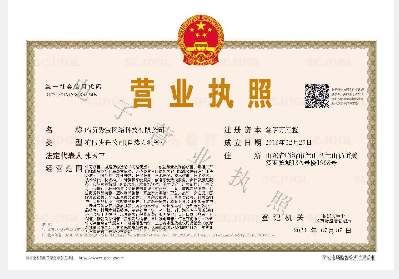 临沂秀宝网络科技有限公司营业执照